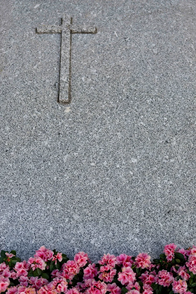 Daniel · 3568 x 5352 Cette photographie montre une croix gravée sur une pierre tombale grise, sujet principal symbolique et sobre. La composition est épurée, avec un cadrage serré sur la croix et une partie inférieure ornée de fleurs roses, ajoutant une touche de vie. La lumière semble naturelle, douce et diffuse, mettant en valeur les textures de la pierre et des pétales. Les couleurs dominantes sont le gris de la pierre et le rose vif des fleurs, créant un contraste poignant. Le style est minimaliste et sobre, évoquant une ambiance calme et mélancolique, typique des lieux de mémoire et de recueillement.
