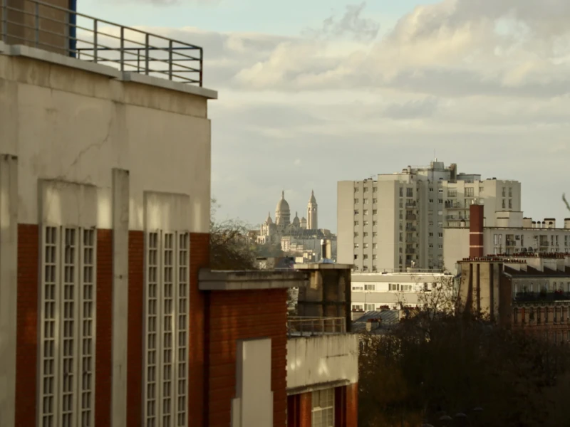 De Belleville à Ménilmontant Cette photographie montre une vue urbaine depuis un bâtiment en hauteur. Le sujet principal est une ville en construction ou rénovation, avec des bâtiments modernes et des échafaudages visibles.La composition est équilibrée, avec des lignes architecturales horizontales et verticales. Le cadrage est large, incluant une partie du ciel et des structures environnantes.La lumière est douce, probablement naturelle, créant des ombres légères. Les couleurs dominantes sont des tons neutres : gris, beige et rouge brique.Le style est réaliste et documentaire, évoquant une ambiance urbaine calme et en pleine transformation.