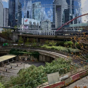 Cyrille · 28/03/2026 · 2026 x 2026 Cette photographie montre un espace urbain vert intégré entre des bâtiments modernes. Le sujet principal est un jardin suspendu ou une toiture végétalisée en contrebas, avec des plantes et des arbres.La composition juxtapose nature et architecture, avec un cadrage large incluant des gratte-ciels en arrière-plan. La lumière semble naturelle, bien que légèrement diffuse, créant des ombres douces. Les couleurs dominantes sont les verts des plantes, les gris des bâtiments et quelques touches de rouge et blanc sur les enseignes.Le style est contemporain et urbain, évoquant une ambiance apaisante malgré le cadre citadin dense.