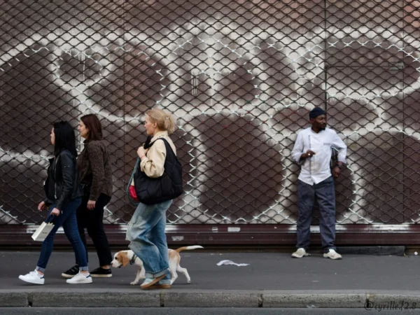 Cyrille GONTIER · 07/03/2025 · 2026 x 1520 Cette photographie capture trois personnes marchant sur un trottoir. Le sujet principal est leur mouvement et leur interaction avec l’environnement urbain.La composition montre un cadrage serré, mettant en valeur les silhouettes devant un mur décoré de motifs géométriques noirs et blancs. La lumière semble naturelle, probablement en journée, avec des ombres douces. Les couleurs dominantes sont les tons neutres (gris, noir, blanc) et quelques touches de couleurs vives comme les vêtements des passants.Le style est documentaire et réaliste, évoquant une ambiance urbaine moderne et dynamique.