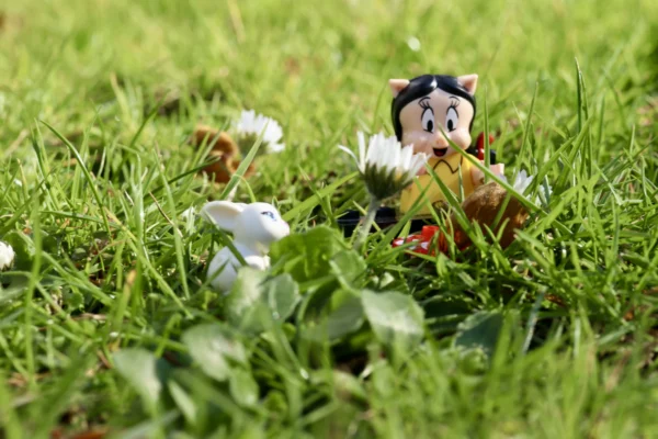 Françoise Mettais · 14/03/2026 · 6000 x 4000 Cette photographie met en scène une figurine de style cartoon, probablement inspirée d’un personnage de conte, comme Blanche-Neige. Le sujet principal est cette figurine, assise dans l’herbe verte, entourée de petites fleurs blanches.La composition est simple et naturelle, avec un cadrage serré qui isole le personnage. La lumière semble douce et naturelle, probablement en extérieur par temps clair. Les couleurs dominantes sont le vert vif de l’herbe et les teintes pastel de la figurine, créant une ambiance paisible et poétique. Le style est épuré et charmant, évoquant une touche de conte de fées.