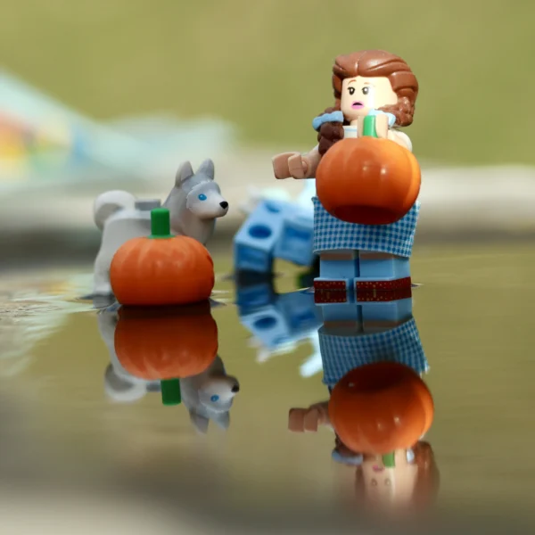 Françoise Mettais · 14/03/2026 · 3200 x 3200 Cette photographie met en scène une miniature figurant une femme en combinaison bleue tenant une orange, accompagnée d’un petit chien et d’un objet bleu indistinct. Le sujet principal est la femme, entourée d’éléments colorés.La composition est symétrique, reflétée dans l’eau, créant une ambiance onirique. Le cadrage est serré, centré sur les figurines. La lumière est douce et naturelle, adoucissant les contours. Les couleurs dominantes sont les bleus, verts et oranges, apportant une touche chaleureuse et ludique.Le style évoque un univers miniature et poétique, renforcé par les reflets. L’ambiance est à la fois fantastique et nostalgique.