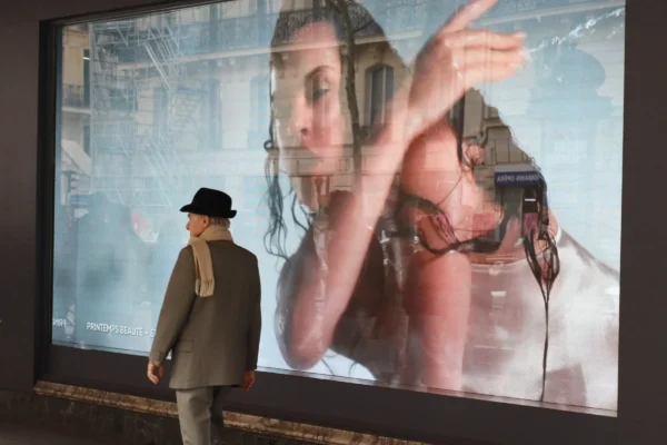 Camilla · 07/03/2026 · 5163 x 3442 Cette photographie montre un homme en costume et chapeau, observant une projection géante derrière lui. Le sujet principal est cette projection représentant une femme en tenue futuriste, les bras levés.La composition oppose l’homme en premier plan et l’image projetée en arrière-plan. Le cadrage est serré sur l’homme, avec une lumière douce et naturelle. Les couleurs dominantes sont les tons gris et bleutés, avec des éclats de rouge et de blanc sur la projection.Le style semble réaliste et cinématographique, créant une ambiance mystérieuse et immersive, mêlant passé et futur.