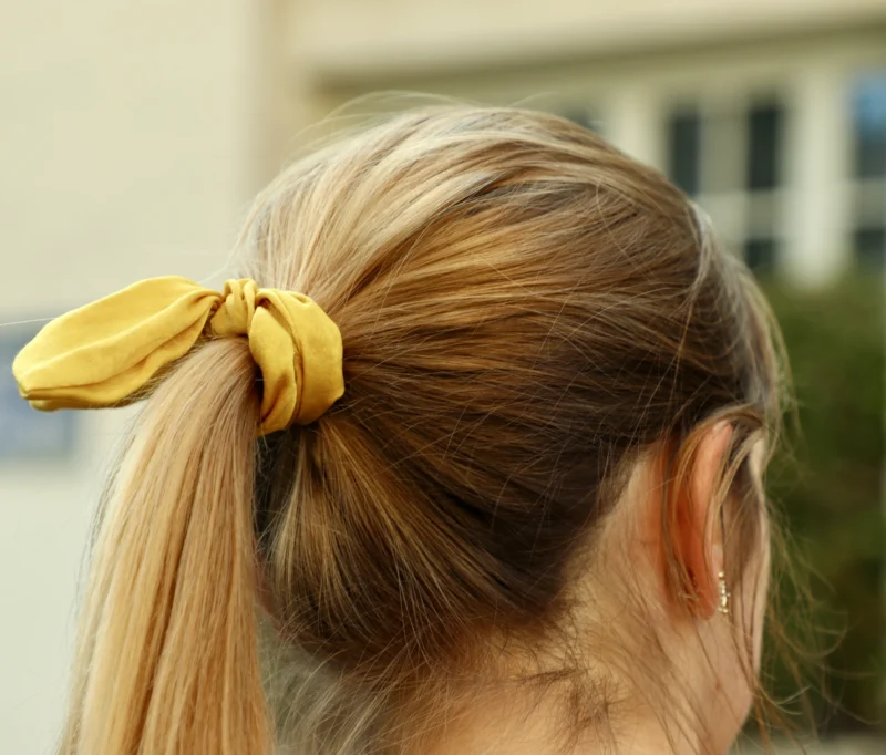Francoise · 21/03/2026 · 3840 x 3275 Cette photographie met en scène une personne vue de dos, avec pour sujet principal une chevelure blonde attachée en un chignon bas maintenu par un élastique jaune.Le cadrage est serré sur la nuque et les cheveux, avec un arrière-plan flou et légèrement décentré. La lumière est douce et naturelle, éclairant uniformément la scène sans ombres marquées. Les couleurs dominantes sont les tons chauds (blond, jaune) et les teintes neutres de l’arrière-plan.Le style est épuré et minimaliste, créant une ambiance sobre et élégante.