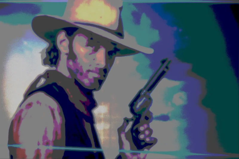 Frédéric · 21/03/2026 · 2518 x 1680 Cette photographie représente un homme stylisé en cow-boy, sujet principal. Il porte un chapeau, une veste et tient deux revolvers. La composition est centrée sur son visage et ses mains, avec un cadrage serré.Les couleurs dominantes sont des teintes vives et contrastées : bleu électrique, rouge, jaune et vert. La lumière semble artificielle et dynamique, créant des effets de flou et de distorsion.Le style est inspiré du pixel art ou d’une illustration numérique, évoquant un rendu rétro ou vintage. L’ambiance est à la fois mystérieuse et énergique, rappelant les westerns classiques.