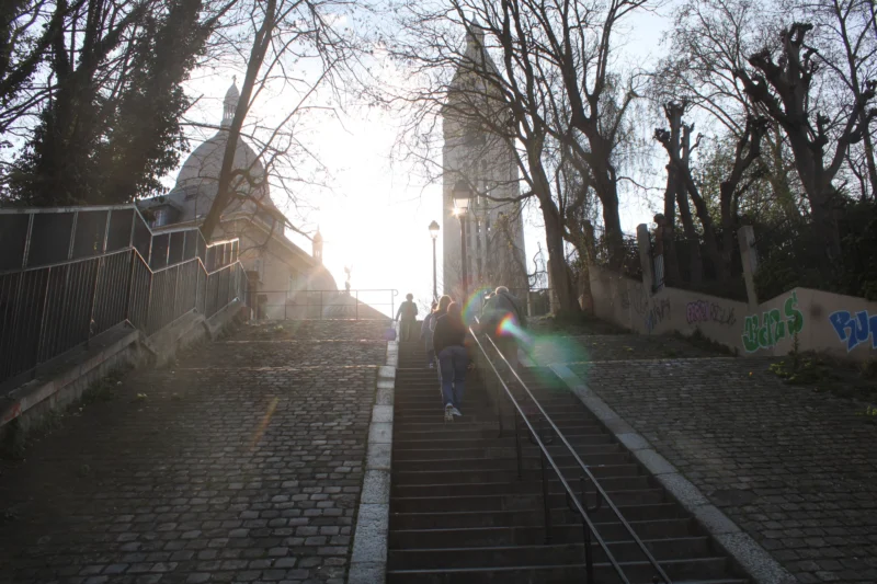 Roberta · 21/03/2026 · 6000 x 4000 Cette photographie capture un escalier en pierre menant vers un bâtiment éclairé par le soleil. Le sujet principal est l’escalier, encadré par des arbres dénudés et une rampe métallique.La composition est symétrique, avec une perspective ascendante. Le cadrage est serré, mettant en valeur les détails des marches et des graffitis sur le mur adjacent.La lumière, douce et dorée, provient du soleil bas, créant des contrastes et des ombres allongées. Les couleurs dominantes sont les tons neutres (gris, beige) avec des touches de vert et de bleu pâle.Le style est réaliste et documentaire, évoquant une ambiance calme et presque mélancolique.