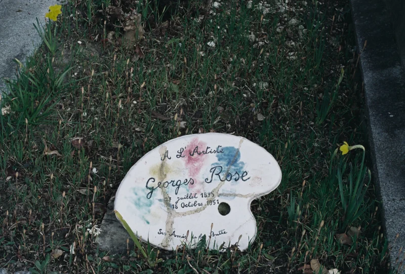Nadia · 3601 x 2433 Cette photographie montre une palette de peintre en céramique personnalisée, posée sur une pelouse. Le sujet principal est la palette avec l'inscription "George's Rose" et une signature.La composition est simple et centrée, avec un cadrage serré. La lumière naturelle éclaire la scène, mettant en valeur les détails. Les couleurs dominantes sont les tons pastel de la palette (rose, bleu, vert) et le vert de la végétation. L’ambiance est calme et artistique, évoquant un hommage ou un souvenir lié à l’art.