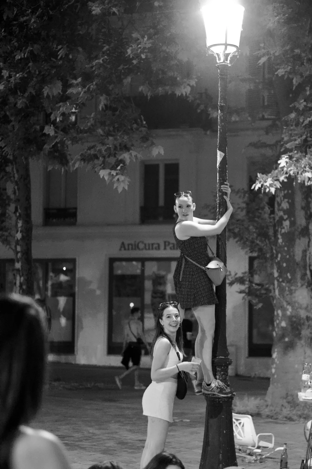 Thomas · 22/06/2025 · 2724 x 4096 Cette photographie en noir et blanc montre une artiste d’art de rue réalisant un numéro d’équilibre sur une perche, avec une compagne en bas qui semble l’assister. Le sujet principal est la performeuse en haut de la perche.La composition est dynamique, centrée sur les deux femmes. Le cadrage est serré, mettant en valeur les personnages et les ombres. La lumière, douce et tamisée, provient probablement d’un lampadaire, créant des contrastes et des jeux d’ombres. L’ambiance est artistique et théâtrale, évoquant une scène nocturne en extérieur. Le style est documentaire et esthétique, captant un moment de performance.