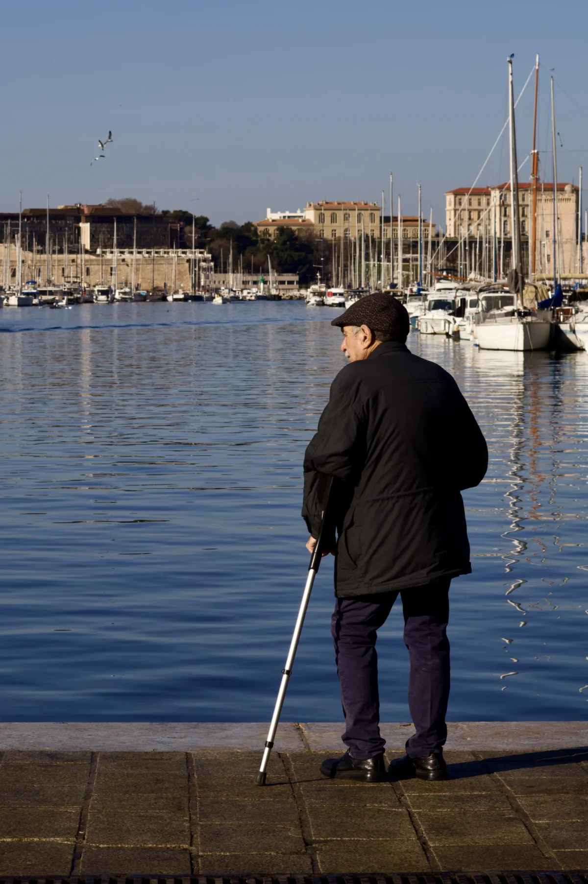 Thomas · 25/02/2026 · 2724 x 4096 Cette photographie met en scène un homme âgé, sujet principal, debout près de l’eau avec une canne. Il semble contemplatif, tourné vers le paysage.La composition est simple et épurée, avec un cadrage serré sur le sujet et un arrière-plan de port et bâtiments. La lumière est douce, probablement en fin de journée, créant une ambiance calme et sereine.Les couleurs dominantes sont les tons froids : bleu du ciel et de l’eau, gris des bâtiments et noir du manteau de l’homme. Le style est réaliste et sobre, évoquant une atmosphère mélancolique et paisible.