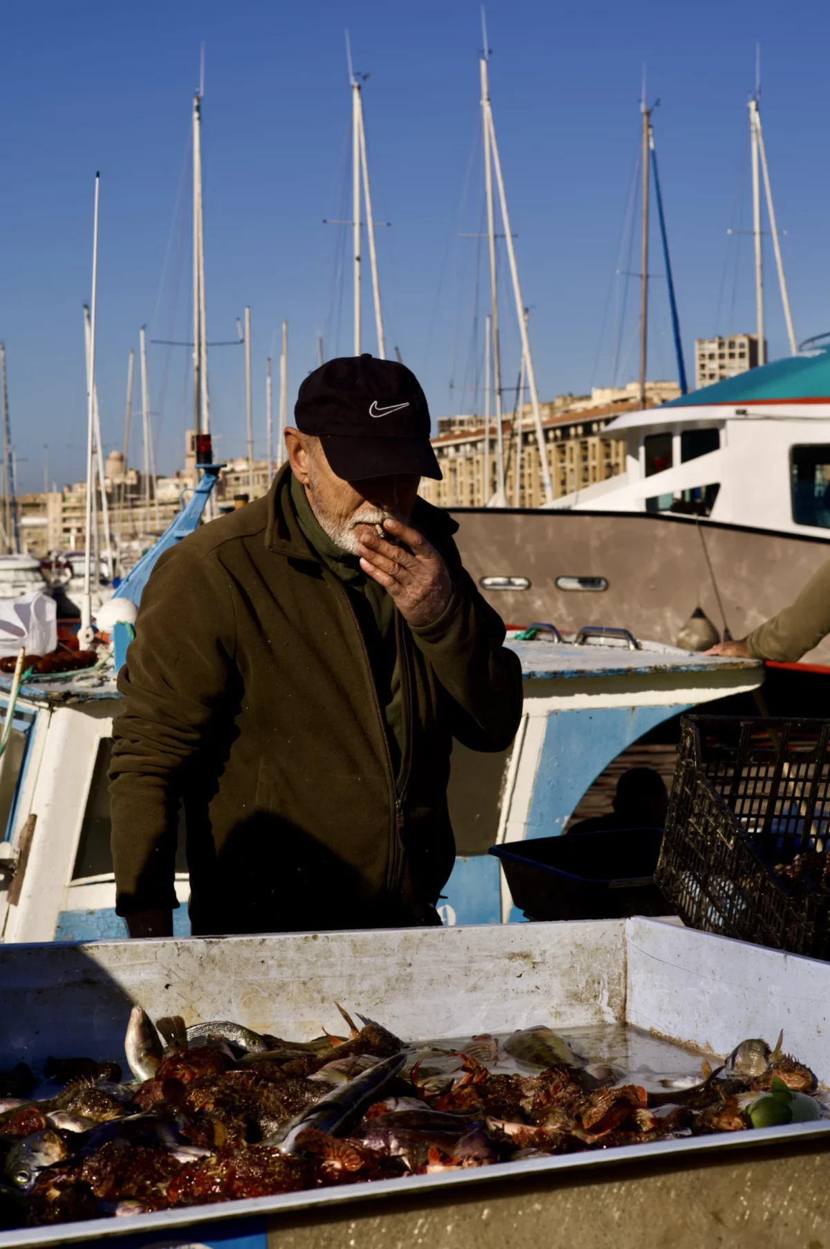 Thomas · 25/02/2026 · 2724 x 4096 Cette photographie montre un homme en veste verte, parlant au téléphone devant une table remplie de poissons. Le sujet principal est cet homme, en premier plan, avec un cadrage serré.L’arrière-plan révèle un port avec des bateaux et des mâts. La lumière est naturelle et semble provenir d’un ciel dégagé, créant des contrastes nets. Les couleurs dominantes sont les tons froids (bleu du ciel, blanc des bateaux) et les teintes chaudes (vert de la veste, marron des poissons).Le style est documentaire et réaliste, évoquant une ambiance quotidienne et professionnelle, typique d’un marché de poisson.