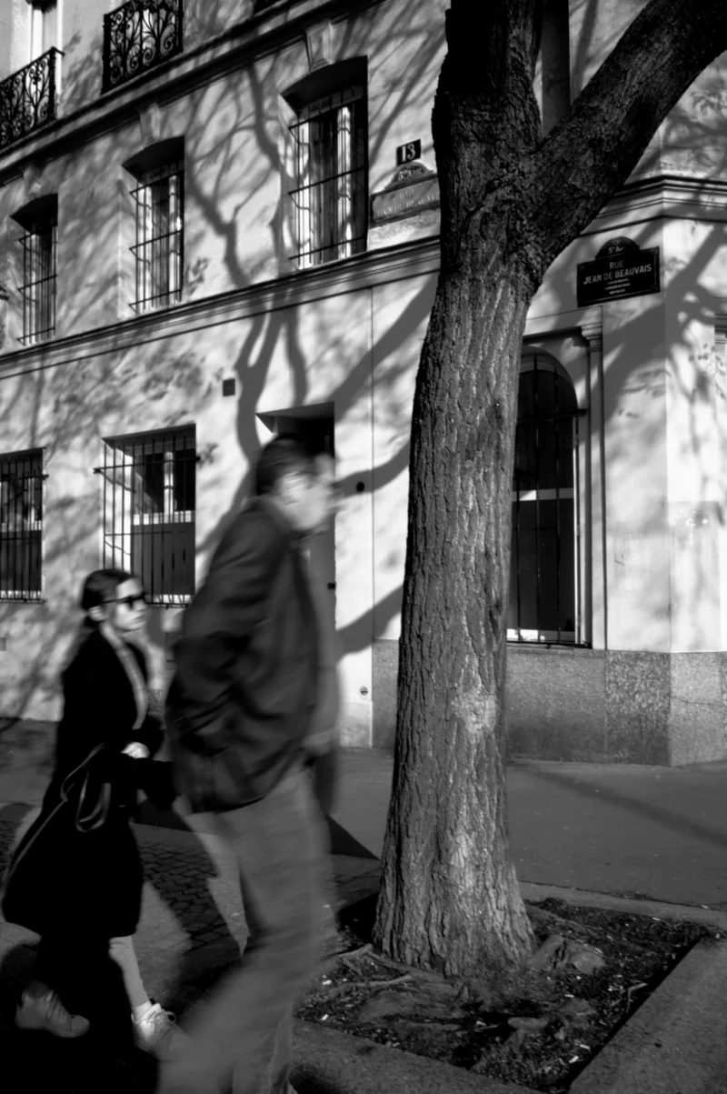 Thomas · 21/03/2026 · 2724 x 4096 Cette photographie en noir et blanc met en scène deux personnes en mouvement, dont l’une, floue, semble courir. Le sujet principal est cette silhouette dynamique, contrastant avec l’autre, plus nette.La composition joue sur les lignes architecturales des bâtiments et l’arbre central, créant une perspective urbaine. Le cadrage serré isole les personnages du reste de la scène.La lumière, douce et naturelle, semble provenir d’un côté, accentuant les ombres et les contrastes. L’ambiance est à la fois mouvementée et mélancolique, renforcée par le monochrome. Le style est documentaire et spontané.