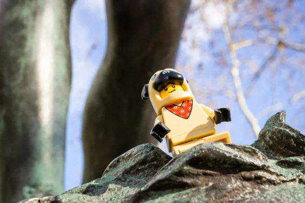 Laurence Givry · 14/03/2026 · 1350 x 900 Cette photographie met en scène un figurine Lego représentant un personnage souriant, vêtu d’un pull jaune et d’un chapeau noir. Le sujet principal est bien centré sur un rocher, légèrement décalé vers la gauche.Le cadrage est serré, mettant en valeur le détail du personnage. La lumière naturelle, douce et légèrement tamisée, crée des ombres douces. Les couleurs dominantes sont les tons chauds (jaune, brun) contrastant avec le vert des feuilles en arrière-plan.Le style est épuré et ludique, évoquant une ambiance joyeuse et poétique, presque onirique.