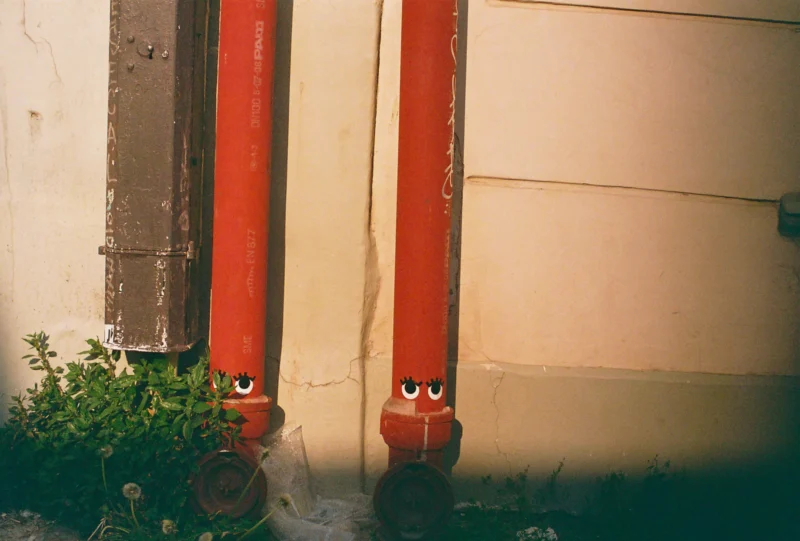 Nadia · 3601 x 2433 Cette photographie met en scène deux pots de fleurs en forme de bonhommes, aux yeux et sourire stylisés, posés contre un mur beige. Le sujet principal est ces pots colorés en rouge.La composition est simple et symétrique, avec un cadrage serré qui isole les pots. La lumière douce et naturelle, probablement en fin de journée, crée des ombres douces et une ambiance chaleureuse. Les couleurs dominantes sont le rouge vif des pots et le beige du mur, rehaussés par des touches de vert des plantes.Le style est épuré et ludique, évoquant une touche d’humour et de fantaisie dans un cadre urbain. L’ambiance est à la fois joyeuse et apaisante.