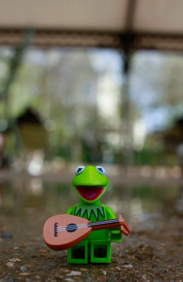Cédric Manuel · 14/03/2026 · 1332 x 2048 Cette photographie met en scène un petit jouet en forme de grenouille verte jouant de la guitare. Le sujet principal est net et centré, avec un cadrage serré qui isole la grenouille.L’arrière-plan flou montre un environnement extérieur, probablement un jardin ou une cour. La lumière naturelle, douce et légèrement tamisée, crée une ambiance chaleureuse et poétique. Les couleurs dominantes sont le vert vif de la grenouille et les tons naturels et pastel de l’arrière-plan. Le style est simple et spontané, évoquant une touche de magie et de douceur.