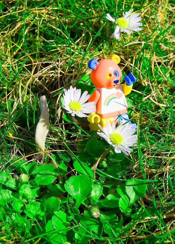 Pascale CHESNOT · 14/03/2026 · 717 x 1000 Cette photographie met en scène une figurine de type "Bobo" (ou ourson) en plastique, sujet principal, assise parmi des feuilles et des fleurs blanches. La composition est naturelle, avec un cadrage serré sur la figurine et son environnement végétal. La lumière semble douce et naturelle, éclairant la scène sans ombres marquées. Les couleurs dominantes sont les verts vifs des feuilles, les blancs des fleurs, et les teintes pastel de l’ourson (orange, bleu, jaune).Le style est simple et spontané, évoquant une ambiance champêtre et poétique, presque onirique.