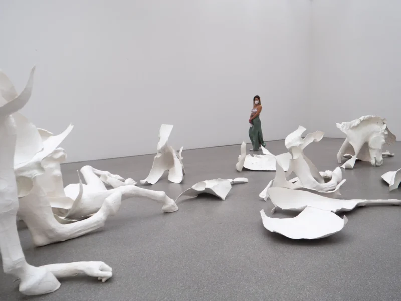 Daniel · 4674 x 3506 Cette photographie montre une personne dans une galerie d’art contemporain. Le sujet principal est une installation artistique composée de sculptures en papier blanc représentant des corps fragmentés et disloqués. La composition est dynamique, avec une mise en scène minimaliste et épurée. Le cadrage met en valeur l’artiste et les œuvres, créant un contraste entre la figure humaine et les formes abstraites.La lumière est douce et uniforme, accentuant les tons clairs. Les couleurs dominantes sont le blanc et le gris, renforçant une ambiance à la fois froide et poétique. Le style est moderne et conceptuel, évoquant une réflexion sur la fragilité et la condition humaine.