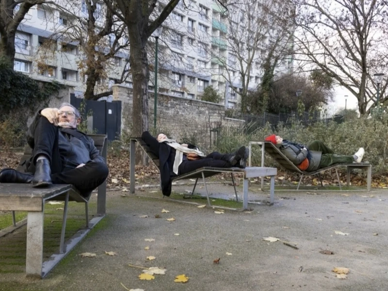 Portraits croisés à Montparnasse Cette photographie montre des mannequins habillés en costumes d'affaires, disposés comme des figures endormies ou abandonnées sur des bancs publics dans un parc.La composition joue sur l’absurdité et le contraste entre ces silhouettes rigides et l’environnement naturel. Le cadrage est serré sur les mannequins, avec un arrière-plan de bâtiments et d’arbres dénudés. La lumière est naturelle, légèrement tamisée, créant des ombres douces. Les couleurs dominantes sont les tons gris (mannequins, vêtements) et verts/bruns (feuilles mortes, sol).Le style est réaliste et documentaire, évoquant une ambiance surréaliste et mélancolique.