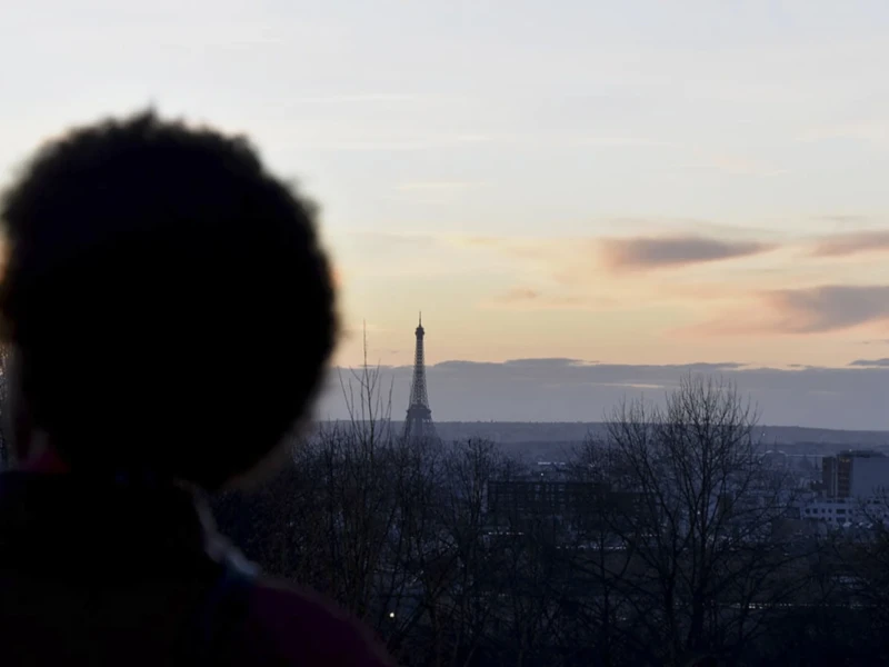 De Belleville à Ménilmontant Cette photographie montre un **sujet principal flou** vu de dos, en silhouette, observant un paysage urbain. La **composition** met en valeur l’Eiffel Tour à l’horizon, légèrement voilée par la brume ou la distance. Le **cadrage** est serré sur la tête, avec une profondeur de champ réduite, isolant le sujet.La **lumière**, douce et tamisée, évoque un **crépuscule**, avec des teintes chaudes. Les **couleurs dominantes** sont des tons pastel (orange, rose pâle) contrastant avec le bleu grisâtre du ciel. Le style est **poétique et contemplatif**, créant une **ambiance mélancolique et paisible**.