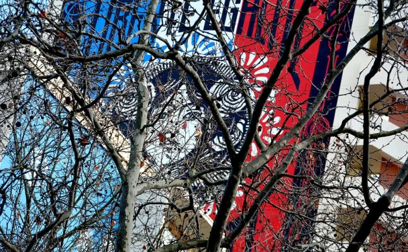 Pascale · 15/01/2023 · 1000 x 617 Cette photographie met en scène un **mural urbain** partiellement caché par des **branches d’arbres dénudées**. Le sujet principal est l’art mural coloré, avec des motifs stylisés et des couleurs vives comme le **rouge, le bleu et le blanc**.La **composition** joue sur le contraste entre la nature et l’artifice, avec un **cadrage serré** qui isole les éléments graphiques. La lumière semble naturelle, probablement en journée, créant des ombres douces.Les **couleurs dominantes** sont vives et contrastées, apportant une touche dynamique. Le style est **urbain et graphique**, évoquant une ambiance à la fois **moderne et poétique**, entre street art et nature.