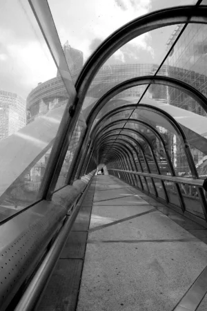 Pascale · 28/03/2026 · 1167 x 1750 Cette photographie en noir et blanc montre un **passage couvert métallique et courbé**, sujet principal. La **composition** met en valeur les arches répétitives et la perspective convergente, créant une sensation de profondeur.Le **cadrage** est serré, centré sur les structures architecturales. La **lumière**, tamisée et diffuse, accentue les contrastes entre ombres et clartés, renforçant l’aspect industriel et mystérieux. Les **couleurs dominantes** sont les nuances de gris, typiques du monochrome.Le **style** est épuré et documentaire, évoquant une **ambiance** à la fois moderne et mélancolique, presque onirique.