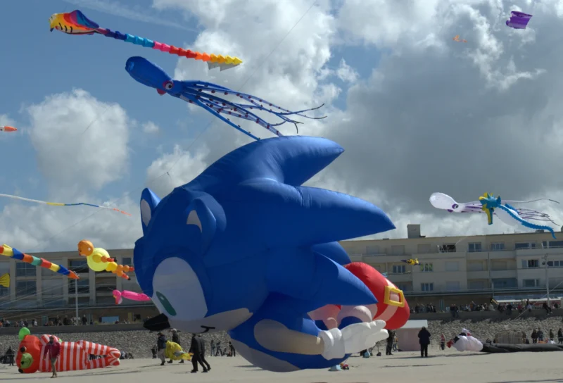 Bao · 3639 x 2474 Cette photographie montre un **ballon gonflable géant** représentant Sonic, personnage emblématique des jeux vidéo. Le **sujet principal** est ce ballon bleu, dominant l’espace.La **composition** est dynamique, avec des **kites et ballons variés** en arrière-plan, créant une ambiance festive. Le **cadrage** est large, incluant une foule et un ciel dégagé. La **lumière** est naturelle, éclatante, avec des ombres nettes. Les **couleurs dominantes** sont vives : bleu, rouge, jaune et multicolores.Le **style** est joyeux et ludique, évoquant une **fête ou un festival**. L’**ambiance** est festive et énergique, typique d’un événement en plein air.