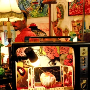 Nathalie F. · 25/04/2026 · 4079 x 4075 Cette photographie montre un homme derrière un jukebox vintage décoré de motifs colorés et psychédéliques. Le sujet principal est le jukebox, rempli d’objets et d’images rétro, avec des couleurs vives comme le rouge, le jaune et le bleu.La composition est serrée, centrée sur l’appareil, avec un cadrage en plan rapproché. La lumière est tamisée, créant une ambiance chaleureuse et nostalgique. Le style évoque un mélange de kitsch et de pop art, typique des années 1960-70. L’ambiance est rétro, joyeuse et légèrement surchargée, renforcée par les couleurs saturées et les éléments décoratifs.