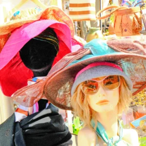 Nathalie F. · 25/04/2026 · 4160 x 4160 Cette photographie met en scène un mannequin portant plusieurs chapeaux colorés superposés. Le sujet principal est les chapeaux, aux styles variés et aux couleurs vives.La composition est dynamique, avec un cadrage serré sur le haut du mannequin. La lumière semble naturelle et douce, mettant en valeur les textures et les couleurs. Les teintes dominantes sont des tons vifs : rouge, bleu turquoise, rose et vert.Le style évoque un marché ou une boutique de mode, avec une ambiance joyeuse et estivale. Les couleurs et les motifs des chapeaux créent une impression ludique et créative.