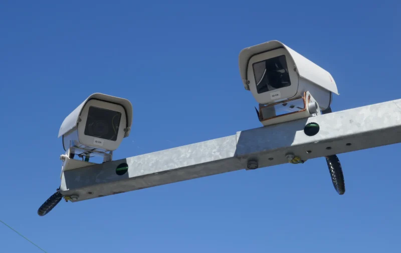 Bao · 5148 x 3256 Cette photographie montre deux caméras de surveillance fixées sur une structure métallique. Le sujet principal est ces caméras, disposées côte à côte.La composition est épurée, avec un cadrage serré sur les appareils. La lumière est naturelle et abondante, créant des contrastes nets. Les couleurs dominantes sont le gris métallique des caméras et le bleu intense du ciel, offrant une ambiance claire et froide. Le style est documentaire et technique, évoquant une surveillance moderne et omniprésente. L'ambiance est à la fois neutre et légèrement inquiétante.