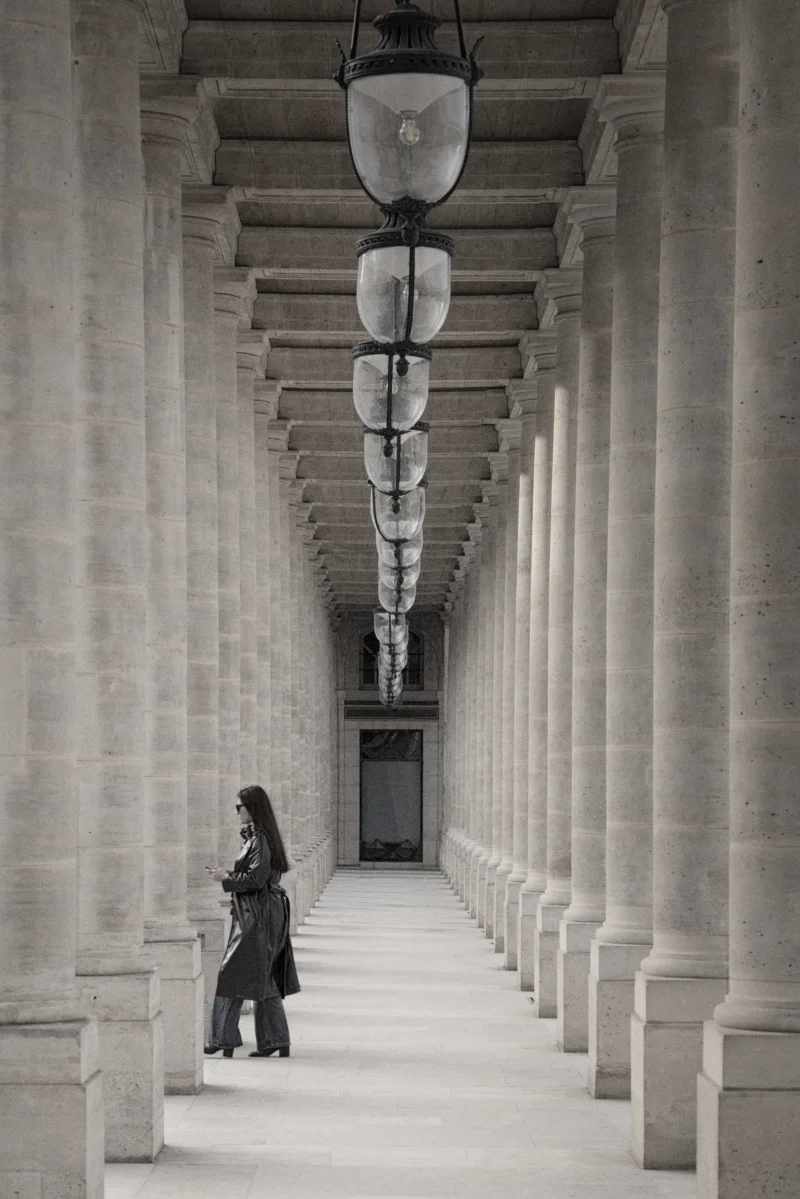 Philippe · 21/02/2026 · 2668 x 4000 Cette photographie met en scène une personne marchant dans un long couloir couvert, sujet principal discret et élégant. La composition repose sur une perspective linéaire, avec des colonnes et des poutres créant un effet de profondeur et de symétrie.Le cadrage est serré, guidant le regard vers l’horizon. La lumière, naturelle et douce, accentue les contrastes entre ombres et clartés. En noir et blanc, les tons varient du blanc pur au gris foncé, renforçant l’aspect architectural et minimaliste.L’ambiance est à la fois sobre et contemplative, évoquant sérénité et solitude dans un espace architectural imposant.