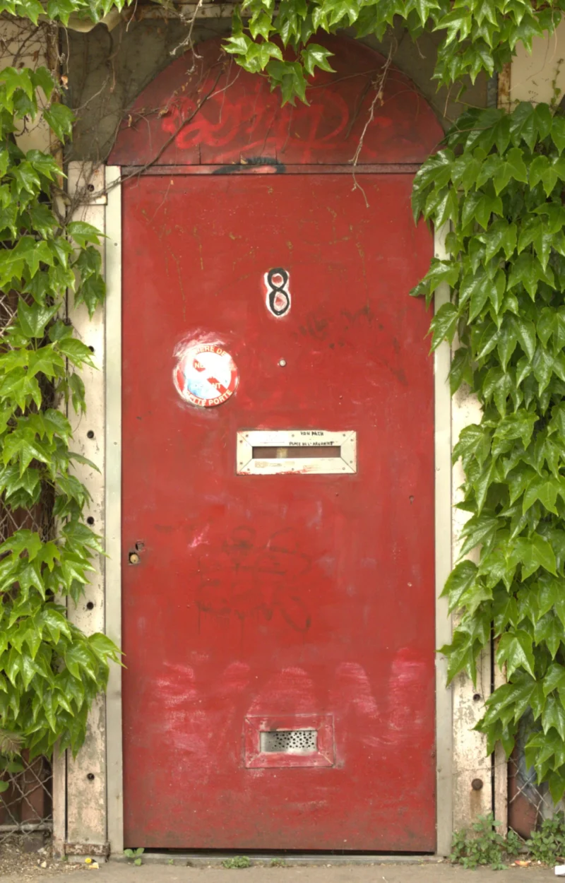 Bao · 1921 x 3002 Cette photographie montre une porte rouge délavée, sujet principal, légèrement éraflée et couverte de traces de vie. La composition est simple et centrée, avec un cadrage serré qui isole la porte. Les feuilles vertes en arrière-plan ajoutent un contraste naturel.La lumière semble douce et naturelle, mettant en valeur les textures et les imperfections de la porte. Les couleurs dominantes sont le rouge de la porte et le vert des feuilles. Le style est réaliste et documentaire, évoquant une ambiance modeste et un peu négligée, mais avec une touche de charme rustique.