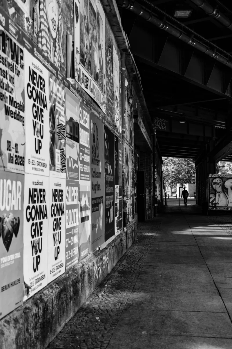 Claude · 4000 x 6000 Cette photographie montre un passage souterrain recouvert de nombreuses affiches et graffitis. Le sujet principal est l’accumulation dense de ces affiches, créant une atmosphère saturée et visuellement complexe. La composition est symétrique, avec des affiches alignées sur les deux côtés du couloir.Le cadrage est serré, guidant le regard vers l’obscurité au loin. La lumière, faible et contrastée, accentue les ombres et donne un aspect dramatique. En noir et blanc, les tons dominants varient du blanc des affiches au gris sombre des murs et du sol. Le style est documentaire et urbain, évoquant une ambiance mélancolique et abandonnée.