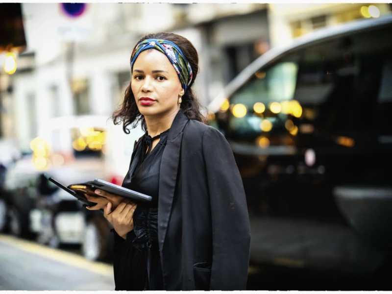 Thierry · 15/05/2026 · 3840 x 2560 Cette photographie met en scène une femme comme sujet principal, vêtue d’un manteau noir et tenant une tablette. La composition est simple et centrée, avec un cadrage serré sur elle, légèrement décentré vers la gauche.La lumière est douce et naturelle, probablement en fin de journée, créant des contrastes subtils. Les couleurs dominantes sont les tons sombres (noir, gris) avec des éclats chauds (lueurs des enseignes et phares de voitures).Le style est sobre et urbain, évoquant une ambiance moderne et professionnelle, tout en capturant une touche de mélancolie.