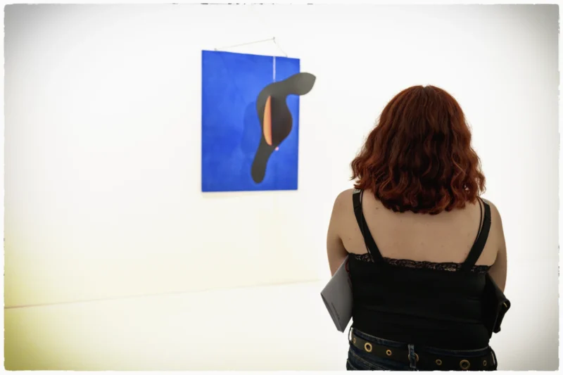 Thierry · 23/05/2026 · 3840 x 2560 Cette photographie montre une femme vue de dos, observant une œuvre d’art. Le sujet principal est l’artiste contemplant une peinture abstraite aux tons bleus et formes organiques. La composition est simple, avec un cadrage serré sur la femme et l’art. La lumière est douce et uniforme, éclairant légèrement la scène sans ombres marquées. Les couleurs dominantes sont les bleus profonds et les tons neutres de la tenue de la femme. Le style est épuré et contemporain, créant une ambiance calme et réfléchie, axée sur l’art et l’introspection.