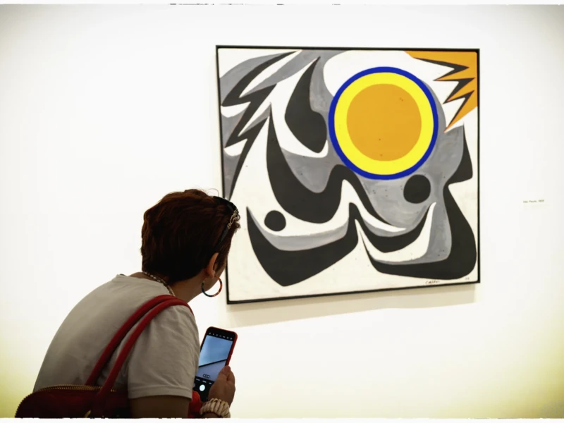 Thierry · 23/05/2026 · 3840 x 2560 Cette photographie montre un homme observant une œuvre d’art moderne. Le sujet principal est le tableau abstrait aux formes noires et blanches, avec un cercle jaune et bleu au centre. La composition est épurée, avec un cadrage serré sur l’homme et l’art.La lumière est naturelle et douce, éclairant uniformément la scène. Les couleurs dominantes sont les noirs, blancs, et les teintes vives du cercle (jaune et bleu). Le style est artistique et contemporain, évoquant une ambiance calme et réfléchie, presque introspective.
