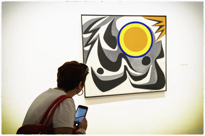 Thierry · 23/05/2026 · 3840 x 2560 Cette photographie montre un homme observant une œuvre d’art moderne. Le sujet principal est le tableau abstrait aux formes noires et blanches, avec un cercle jaune et bleu au centre. La composition est épurée, avec un cadrage serré sur l’homme et l’art.La lumière est naturelle et douce, éclairant uniformément la scène. Les couleurs dominantes sont les noirs, blancs, et les teintes vives du cercle (jaune et bleu). Le style est artistique et contemporain, évoquant une ambiance calme et réfléchie, presque introspective.