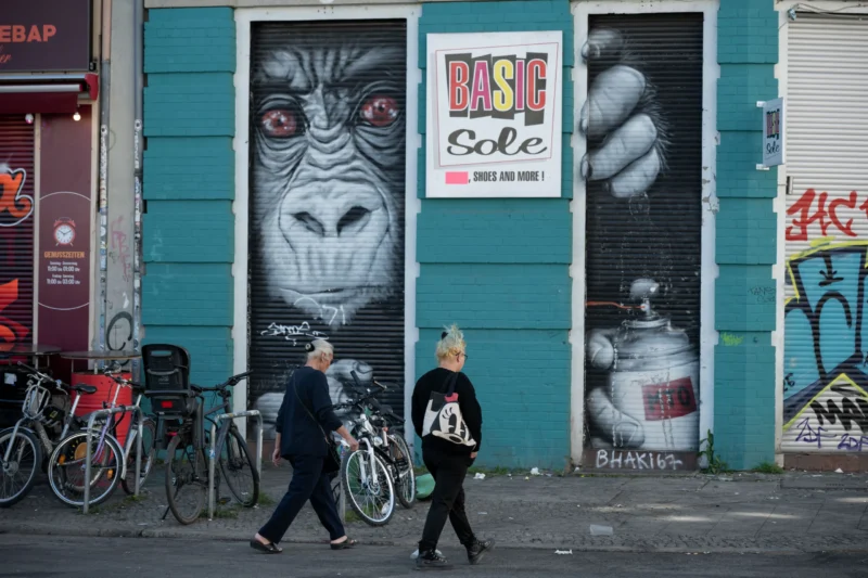 Jean-Marc · 02/05/2026 · 5728 x 3819 Cette photographie montre deux personnes marchant devant une façade urbaine. Le **sujet principal** est l’art mural impressionnant représentant des gorilles, encadré par des portes bleues. La **composition** alterne entre éléments urbains (bicycettes, graffitis) et art visuel frappant. Le **cadrage** est serré sur les personnages et l’art mural, avec une profondeur limitée.La **lumière** semble naturelle, légèrement tamisée, créant des contrastes doux. Les **couleurs dominantes** sont le bleu des portes, le gris des murs et les teintes sombres des fresques. Le **style** est street art réaliste, mêlant réalisme et expression artistique. L’**ambiance** est à la fois urbaine et mystérieuse, avec une touche de mouvement et de vie quotidienne.