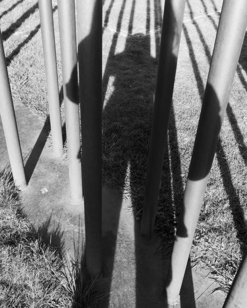 Alice · 30/04/2026 · 4040 x 5050 Cette photographie en noir et blanc met en scène une silhouette humaine vue de dos, marchant entre des poteaux verticaux. Le sujet principal est flou, créant un effet de mystère. La composition joue sur les lignes droites des poteaux, encadrant la silhouette et guidant le regard. Le cadrage est serré, centré sur la personne et son environnement immédiat. La lumière, naturelle et contrastée, accentue les ombres et les formes géométriques. Les tons dominants sont les noirs profonds et les gris, renforçant une ambiance mélancolique et contemplative. Le style est épuré et artistique, évoquant une atmosphère introspective et presque onirique.