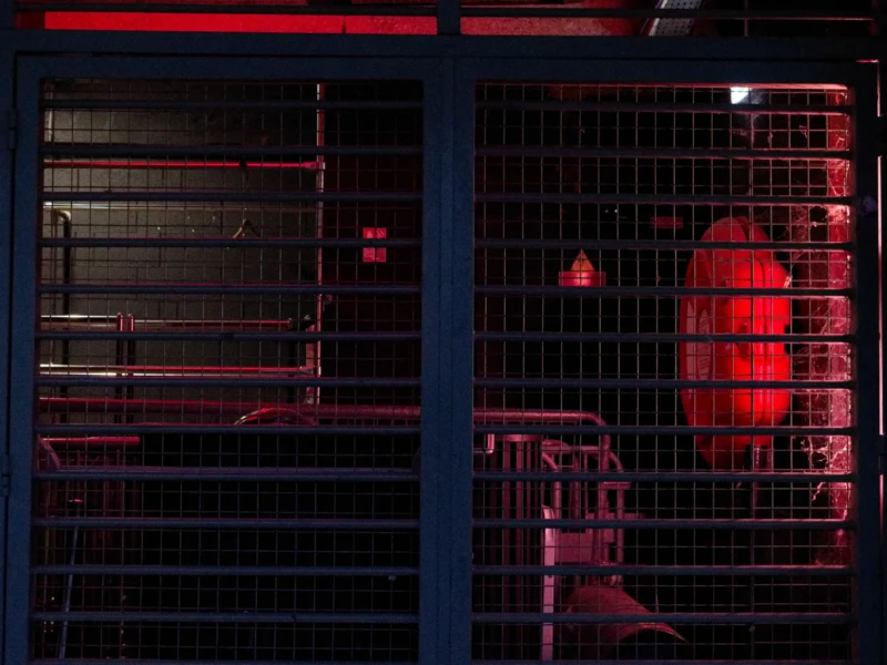 Dominique · 23/05/2026 · 22284 x 14853 Deux cages métalliques éclairées en rouge, vides et disposées côte à côte dans une ambiance sombre et industrielle, avec