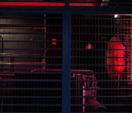 Dominique · 23/05/2026 · 22284 x 14853 Cette photographie montre un **sujet flou** à l'intérieur d'une cage métallique éclairée par une lumière rougeâtre. La **composition** met en avant un **cadrage serré** sur la structure grillagée, avec une profondeur limitée.La **lumière** est tamisée et rouge, créant une ambiance mystérieuse et dramatique. Les **couleurs dominantes** sont le rouge, le noir et le gris métallique. Le style évoque une **atmosphère industrielle ou carcérale**, renforcée par les ombres et la netteté des barres. L'ensemble dégage une **ambiance tendue et inquiétante**.