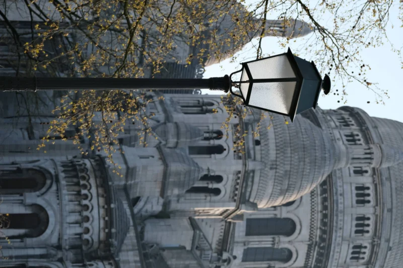 Denis · 21/03/2026 · 4898 x 3265 Cette photographie met en scène une **tour gothique** en pierre, probablement une cathédrale ou un édifice religieux. Le **sujet principal** est l’architecture détaillée, avec ses arcs, ses sculptures et ses pierres apparentes.Le **cadrage** est serré, montrant une partie de la structure en perspective ascendante. La **composition** inclut une lanterne et des branches d’arbre en bas à gauche, ajoutant un contraste naturel.La **lumière** est douce et naturelle, créant des ombres marquées. Les **couleurs dominantes** sont les gris pierreux, adoucis par des touches de vert (feuillage) et de noir (lanterne).Le **style** est réaliste et photographique, évoquant une **ambiance** à la fois historique et mystérieuse, renforcée par les jeux d’ombre et de lumière.