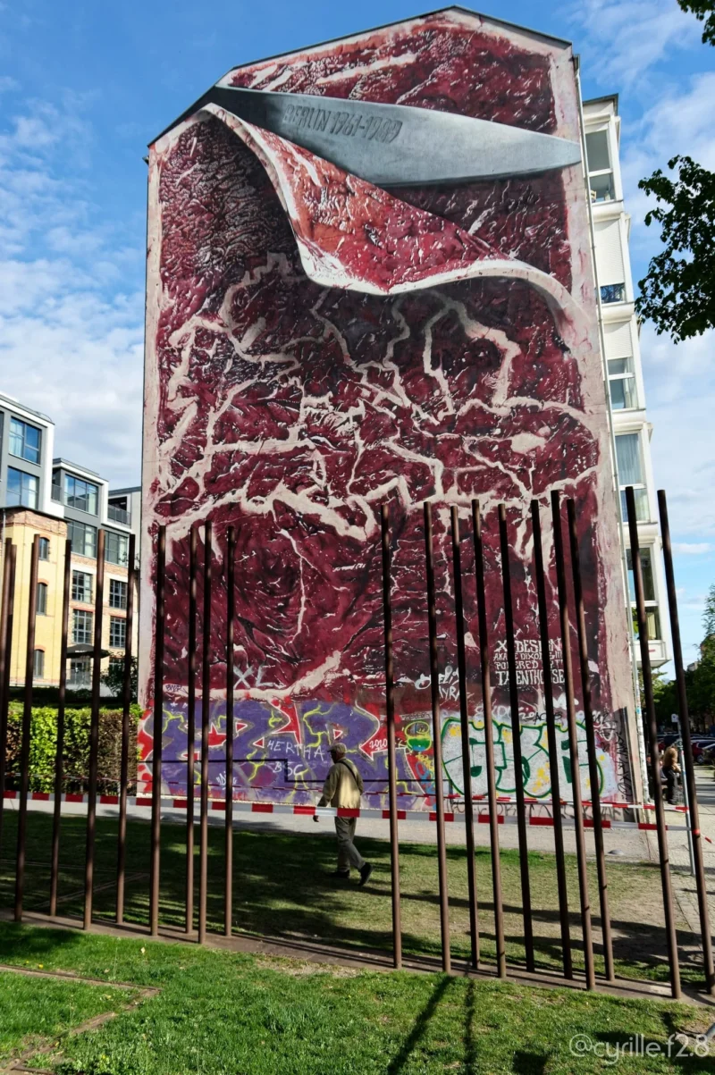 Cyrille · 30/04/2026 · 1347 x 2026 Cette photographie montre un bâtiment recouvert d’un immense mural représentant des motifs organiques rouges et blancs évoquant des vagues ou des tissus. Le cadrage met en valeur la façade entière, entourée d’une clôture métallique.La lumière est naturelle, légèrement diffuse, accentuant les contrastes des couleurs vives. Les tons dominants sont le rouge sang et le blanc, avec des touches bleutées en bas. Le style est artistique et contemporain, rappelant l’art urbain ou street art. L’ambiance est dynamique, presque onirique, mêlant abstraction et réalisme.