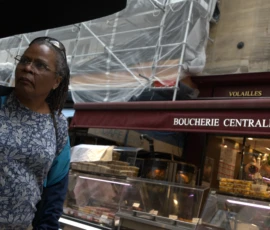 Bao · 6024 x 4016 Cette photographie montre une femme comme sujet principal, souriante et légèrement penchée vers un comptoir de boucherie. La composition met en avant un étalage de produits carnés bien éclairés sous une enseigne "Boucherie Centrale Levis". Le cadrage est serré sur la femme et le comptoir, avec un arrière-plan légèrement flou.La lumière est naturelle et met en valeur les couleurs chaudes des produits. Les couleurs dominantes sont les tons rouges et bruns de la viande, contrastant avec le bleu du vêtement de la femme. Le style est documentaire et réaliste, créant une ambiance chaleureuse et authentique.