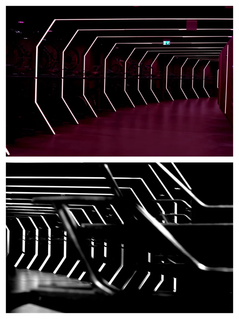 Fabienne · 3000 x 4000 Cette photographie montre des rangées de sièges, probablement dans un lieu public comme un théâtre ou un auditorium. Le sujet principal est l’architecture des sièges et leur disposition en gradins.La composition est symétrique et géométrique, avec un cadrage serré en deux plans (gros plan et vue légèrement inclinée). La lumière est douce et uniforme, mettant en valeur les formes et les lignes épurées. Les couleurs dominantes sont le noir et le gris, avec des reflets pourpres et violets, créant une ambiance sobre et moderne. Le style est minimaliste et contemporain, évoquant une atmosphère à la fois élégante et austère.