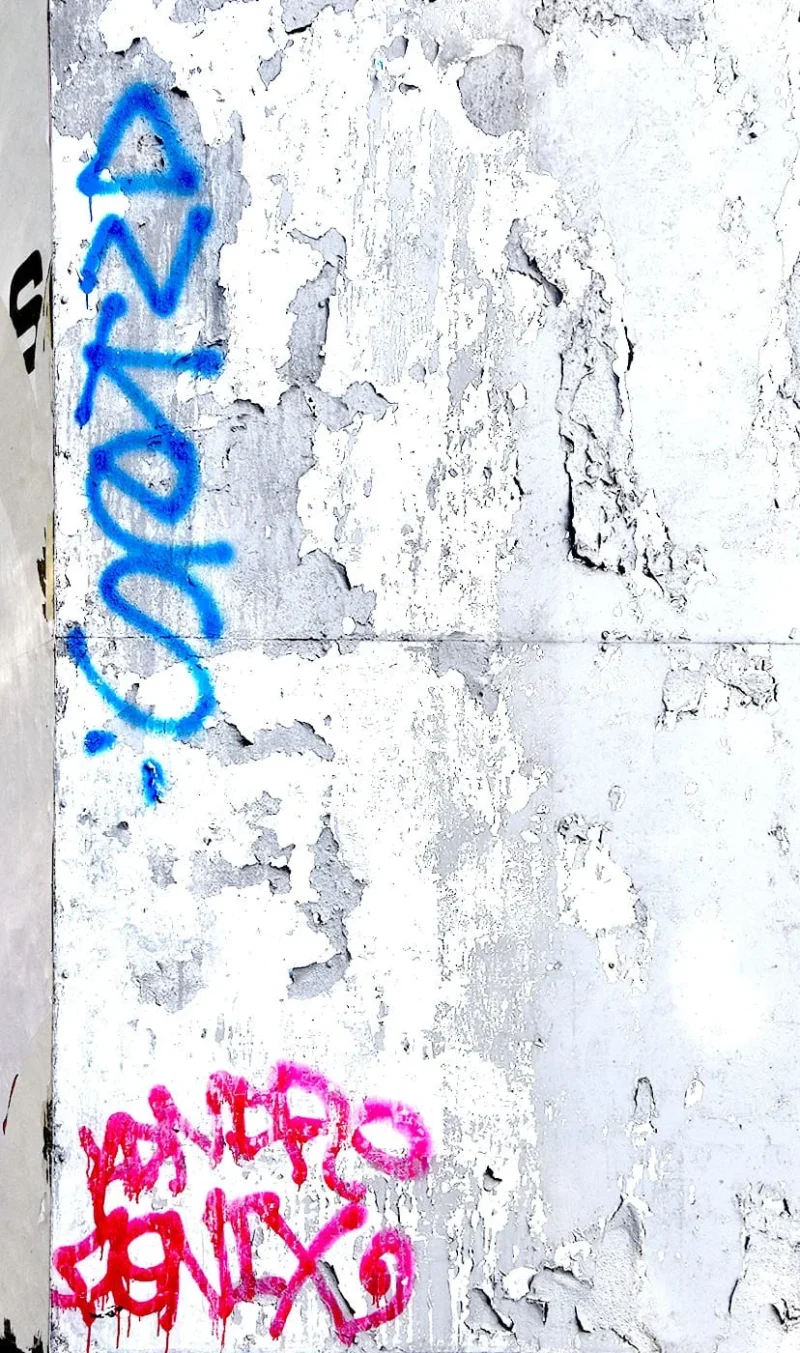 Franck T. · 29/04/2026 · 828 x 1400 Cette photographie montre un mur tagué, sujet principal de l'image. La composition est simple, centrée sur les graffitis.Le cadrage est serré, mettant en valeur les inscriptions colorées. La lumière semble naturelle, éclairant uniformément la surface.Les couleurs dominantes sont le bleu, le rose et le blanc, avec des touches de rouge et de noir. Le style est urbain et spontané, typique des graffitis.L'ambiance est à la fois crue et artistique, reflétant une expression libre et non conventionnelle dans un cadre modeste.