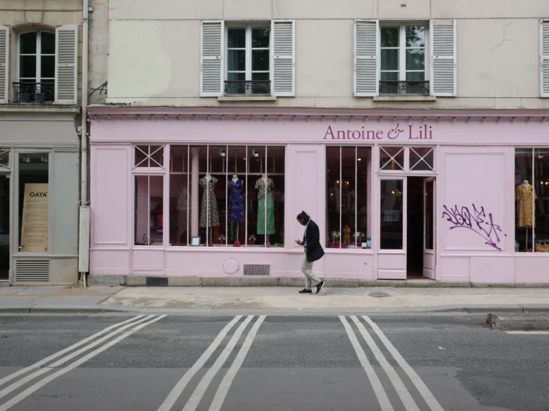 Bénédicte · 5638 x 3758 Cette photographie montre une rue urbaine avec pour sujet principal une personne en silhouette, vêtue d’un long manteau, traversant devant une boutique nommée "Antonia & Lili". La composition est symétrique, avec des lignes de trottoir et de rue bien définies. Le cadrage est serré sur la boutique et la personne, créant un effet d’isolement.La lumière est douce et naturelle, probablement en journée. Les couleurs dominantes sont le rose pâle de la façade et les tons neutres des bâtiments environnants. Le style est épuré et réaliste, évoquant une ambiance calme et légèrement mélancolique.