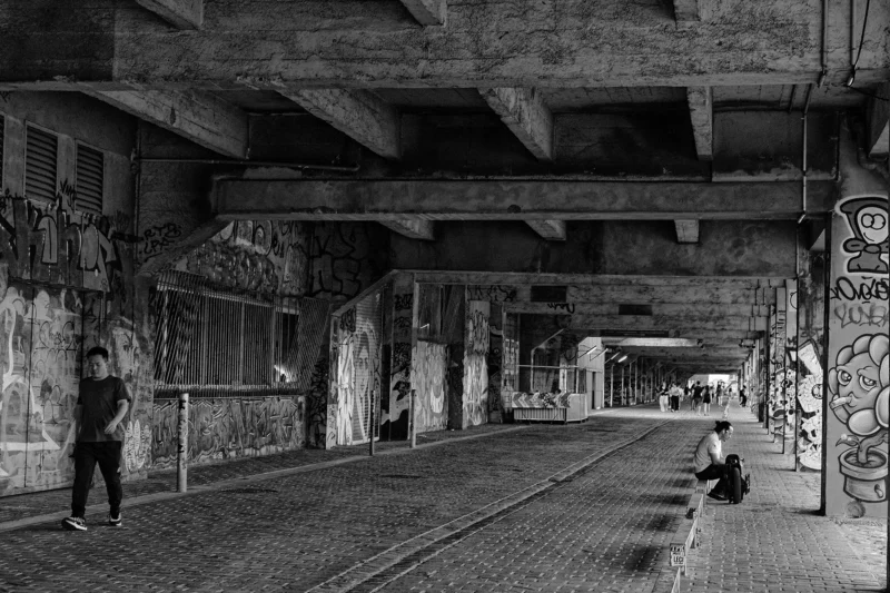Dominique · 23/05/2026 · 2000 x 1333 Cette photographie en noir et blanc capture une scène urbaine abandonnée. Le sujet principal est un passage souterrain en ruine, avec des graffitis et des structures métalliques rouillées. La composition met en valeur une personne debout à gauche et une autre accroupie à droite, ajoutant une touche d’humanité.Le cadrage est serré, guidant le regard vers l’horizon lointain. La lumière, tamisée, crée des contrastes marqués et accentue l’atmosphère désolée. Les tons dominants sont les gris et noirs, renforçant le style documentaire et mélancolique. L’ambiance est à la fois mystérieuse et abandonnée, évoquant une ville oubliée.