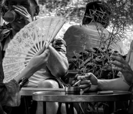 AnJo · 30/05/2026 · 1920 x 1280 Cette photographie en noir et blanc met en scène un groupe de personnes autour d’une table. Le sujet principal semble être une personne au centre, recevant une attention particulière, peut-être lors d’un rituel ou d’une cérémonie.La composition est serrée, avec des mains et des objets comme des éventails et des fleurs en premier plan. Le cadrage est serré, capturant des détails intimes et des interactions.La lumière est douce, créant des contrastes subtils et des ombres délicates. L’absence de couleurs accentue les textures et les jeux de lumière.Le style est documentaire et artistique, évoquant une ambiance mystérieuse et solennelle.