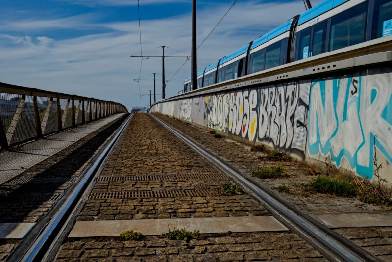 Frédéric · 14/06/2026 · 2518 x 1680 Cette photographie montre une voie ferrée désaffectée ou peu utilisée, avec des rails au premier plan. Le sujet principal est la voie centrale, encadrée par des murs couverts de graffitis colorés.La composition est symétrique, guidant le regard vers l’horizon. Le cadrage est serré, avec une perspective en profondeur. La lumière est naturelle, douce et légèrement tamisée, créant des ombres douces.Les couleurs dominantes sont les bleus, verts et blancs des graffitis, contrastant avec le gris des rails et du béton. Le style est réaliste et documentaire, évoquant une ambiance urbaine abandonnée et artistique, à la fois mélancolique et dynamique.