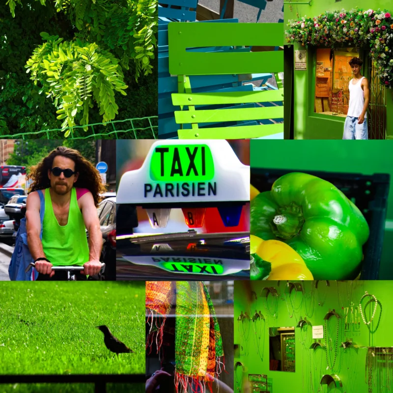 Pascale · 30/06/2026 · 4500 x 4500 Cette photographie est un collage aux styles variés. Le sujet principal semble être un homme en tenue verte, assis devant un taxi parisien. La composition est fragmentée, mêlant plusieurs images : un taxi, des légumes (notamment une courgette), des éléments urbains et naturels.Le cadrage est éclectique, avec des angles variés et des détails rapprochés. Les couleurs dominantes sont le vert et le jaune, créant une ambiance vibrante et contrastée. La lumière est naturelle, avec des éclairages variables selon les fragments.L’ambiance oscille entre réalisme et surréalisme, évoquant une touche artistique et décalée.