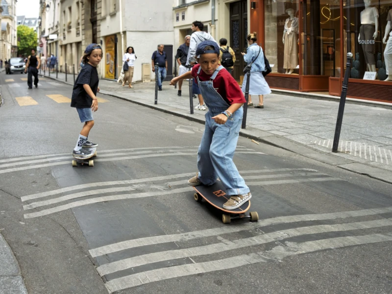 Thierry · 01/07/2026 · 3840 x 2560 Cette photographie capture un jeune homme comme sujet principal, en train de faire du skateboard sur une chaussée en pente. La composition montre une rue urbaine avec des passants en arrière-plan.Le cadrage est serré sur le skateur, mettant en valeur son action. La lumière est naturelle, légèrement tamisée, créant des ombres douces. Les couleurs dominantes sont les tons neutres (gris de la route, bleu du ciel) avec des éclats de rouge (vêtements) et vert (végétation).Le style est dynamique et spontané, évoquant une ambiance jeune et énergique dans un cadre urbain quotidien.